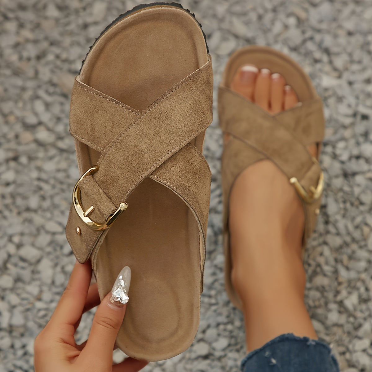 Women’s Flat Slip-On Sandals – Adjustable Strap, Breathable Faux Leather Upper & Durable Rubber Sole