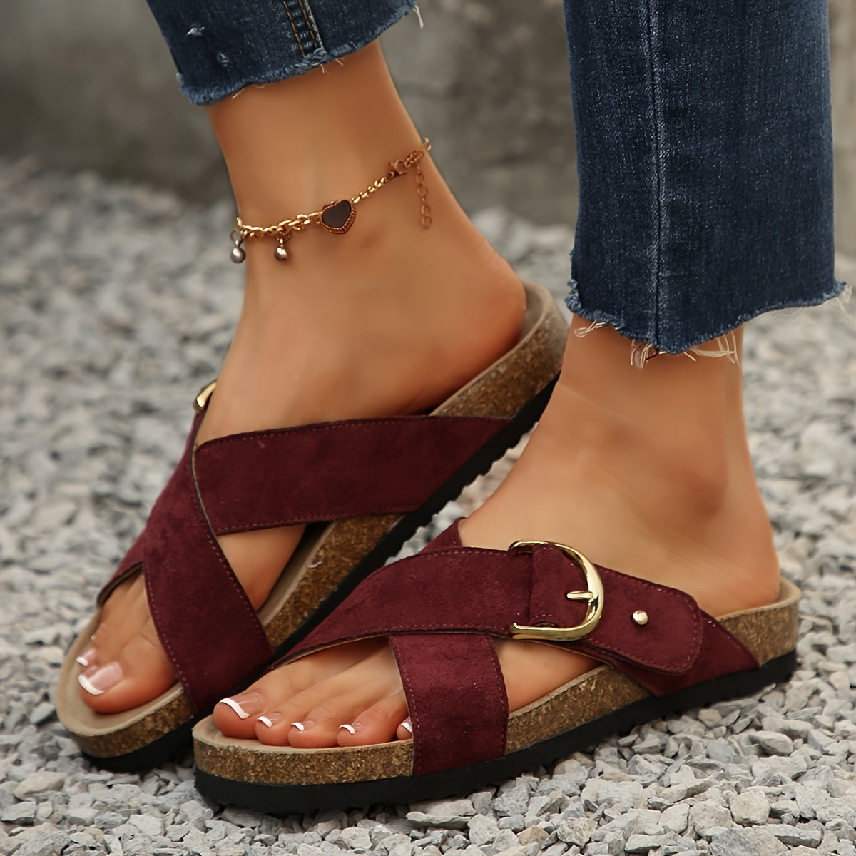 Women’s Flat Slip-On Sandals – Adjustable Strap, Breathable Faux Leather Upper & Durable Rubber Sole