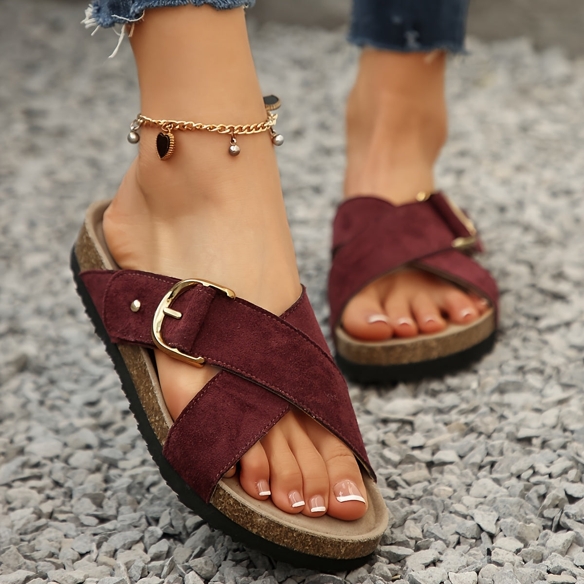 Women’s Flat Slip-On Sandals – Adjustable Strap, Breathable Faux Leather Upper & Durable Rubber Sole