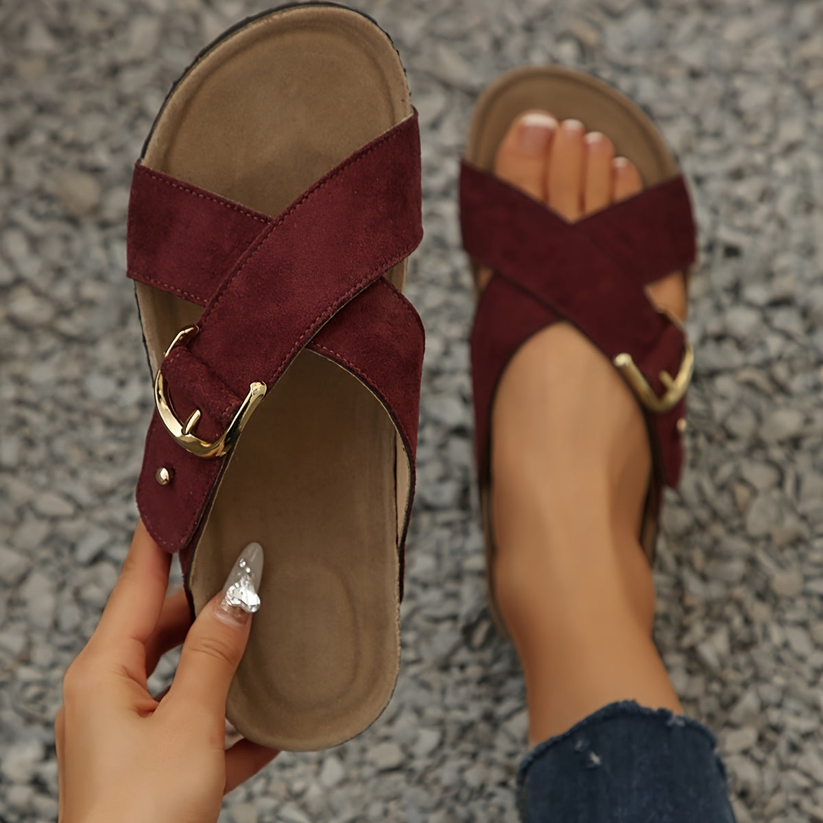 Women’s Flat Slip-On Sandals – Adjustable Strap, Breathable Faux Leather Upper & Durable Rubber Sole