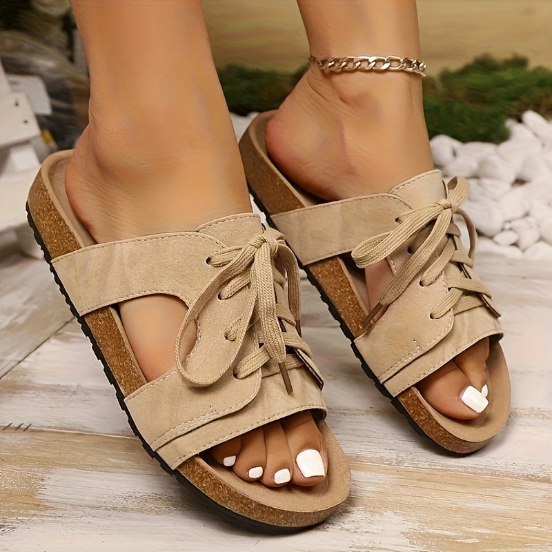 Pantuflas informales sin cordones para mujer: correa ajustable, parte superior de tela transpirable y suela ligera de PU con lazo decorativo.